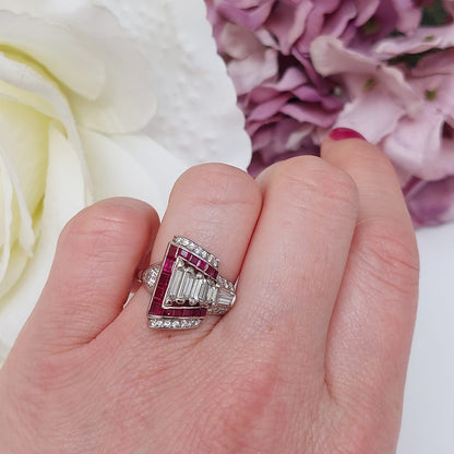 Late Art Deco Ruby and Diamond Dress Ring