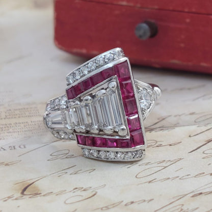 Late Art Deco Ruby and Diamond Dress Ring