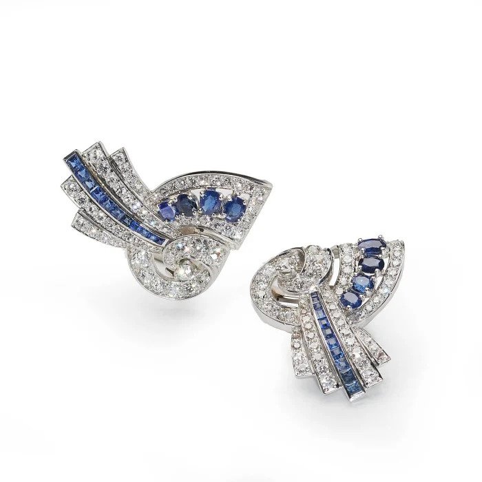 Vintage 1940s Sapphire and Diamond Spray Earrings