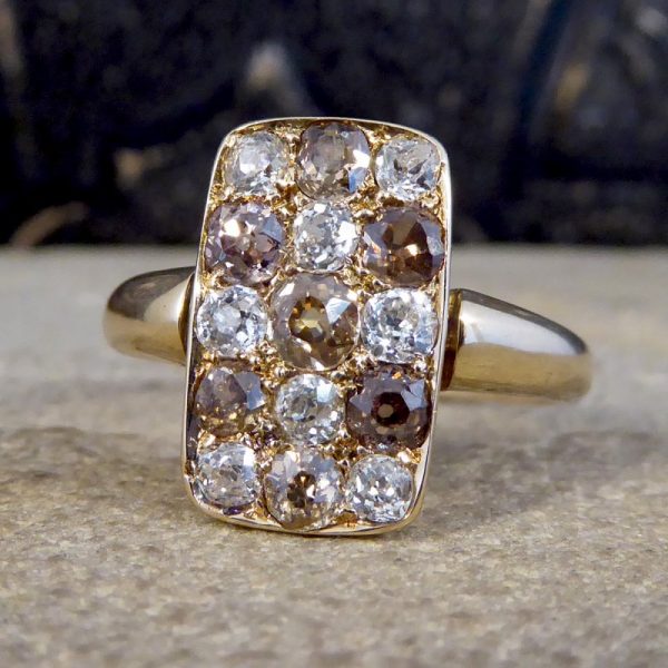 Late Victorian Antique 1.57ct Brown and White Diamond Chequerboard Ring