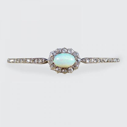 Late Victorian Antique Opal and Diamond Cluster Bangle Bracelet