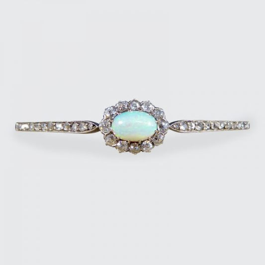 Late Victorian Antique Opal and Diamond Cluster Bangle Bracelet