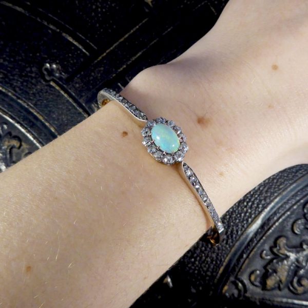 Late Victorian Antique Opal and Diamond Cluster Bangle Bracelet