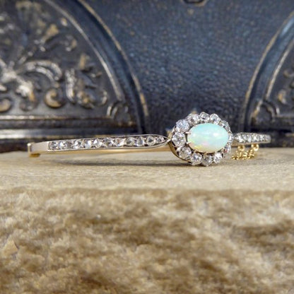 Late Victorian Antique Opal and Diamond Cluster Bangle Bracelet