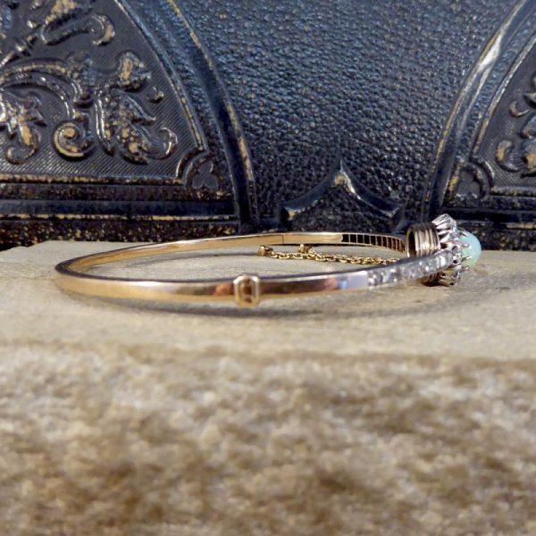 Late Victorian Antique Opal and Diamond Cluster Bangle Bracelet