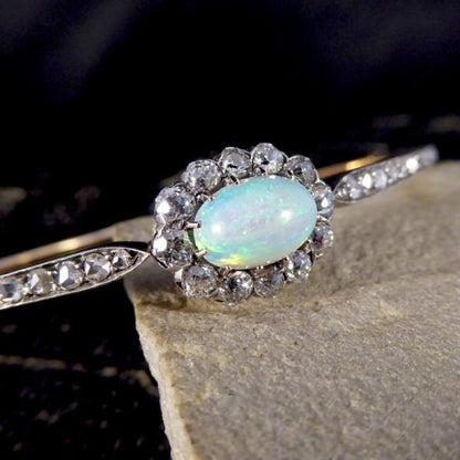 Late Victorian Antique Opal and Diamond Cluster Bangle Bracelet