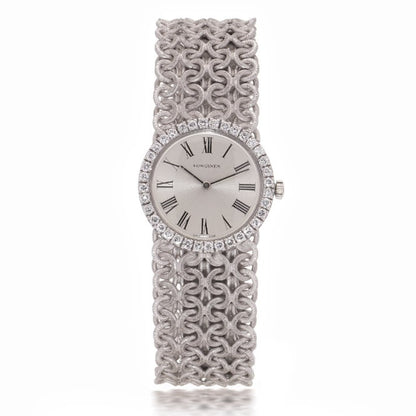 Ladies Vintage Longines 18ct White Gold Watch with Diamond Bezel on a woven design 18ct white gold strap. Circa 1970s