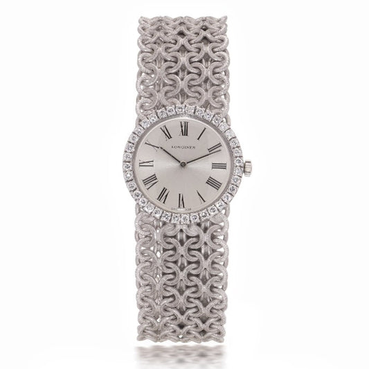 Ladies Vintage Longines 18ct White Gold Watch with Diamond Bezel on a woven design 18ct white gold strap. Circa 1970s