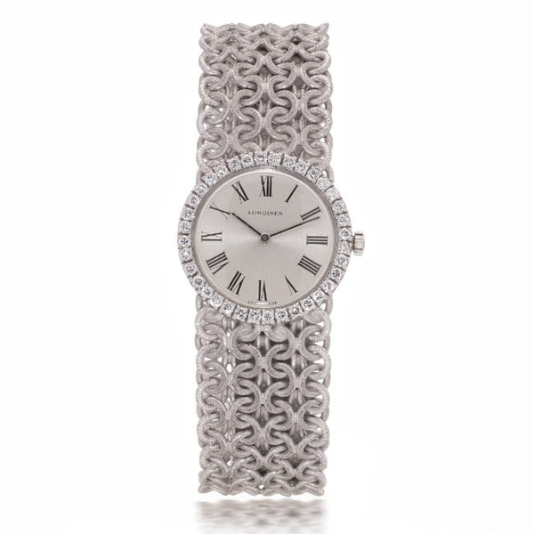 Ladies Vintage Longines 18ct White Gold Watch with Diamond Bezel on a woven design 18ct white gold strap. Circa 1970s
