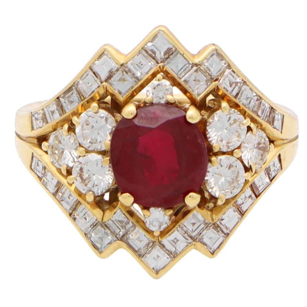 Vintage Piaget Ruby and Diamond Cluster Dress Ring in 18ct Yellow Gold