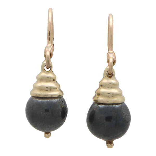 A pair of hematite drop earrings in yellow gold on a white background