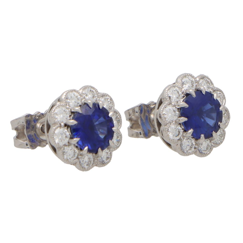 2.10ct Sapphire and Diamond Round Cluster Stud Earrings