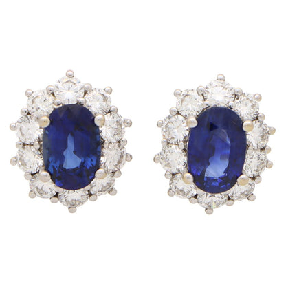 3.20ct Sapphire and Diamond Oval Cluster Earrings