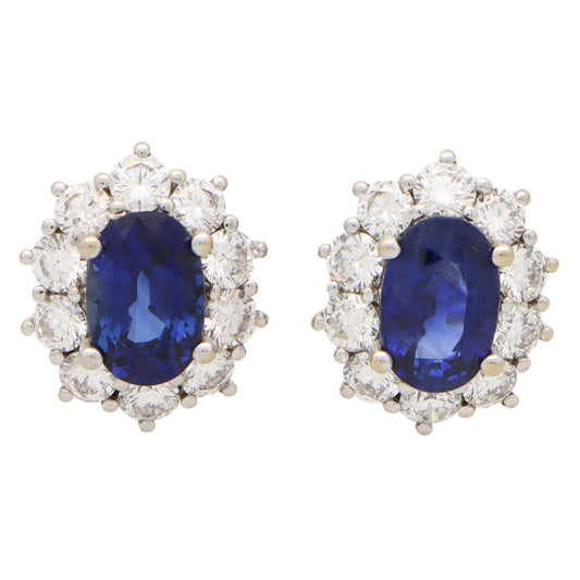 3.20ct Sapphire and Diamond Oval Cluster Earrings