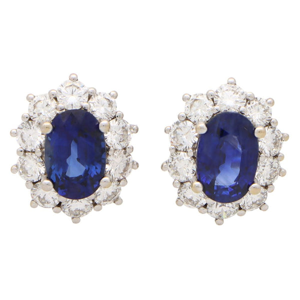 3.20ct Sapphire and Diamond Oval Cluster Earrings