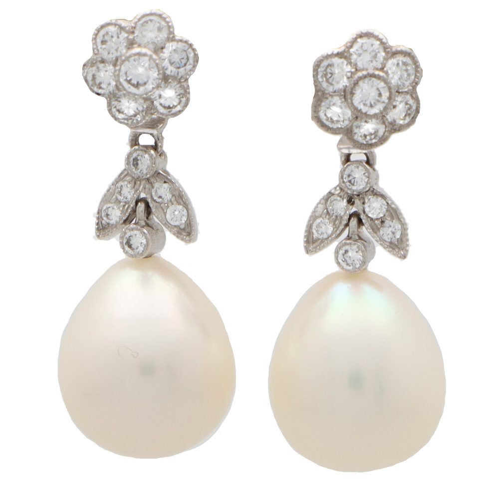 pearl and diamond earrings floral top cluster