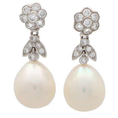 pearl and diamond earrings floral top cluster