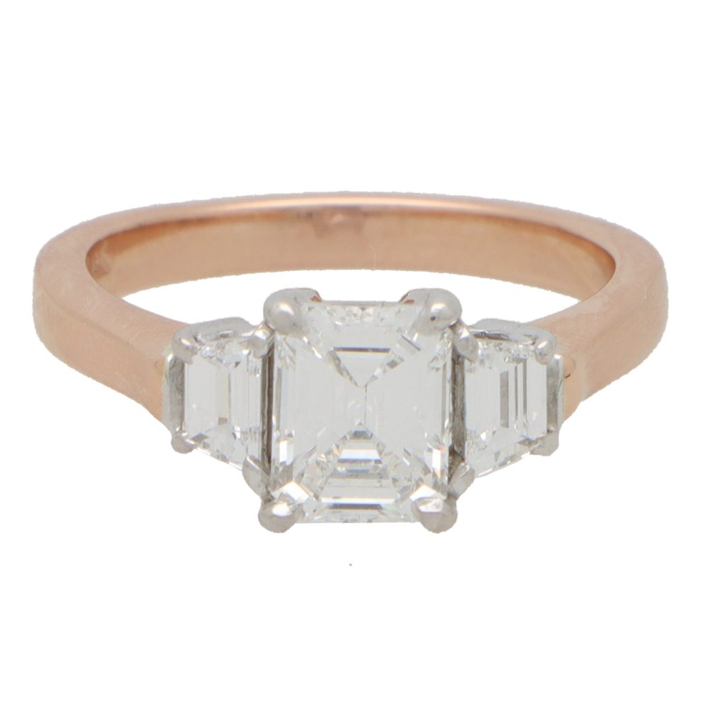 Emerald Cut and Trapezoid Diamond Three Stone Ring, 1.76ct