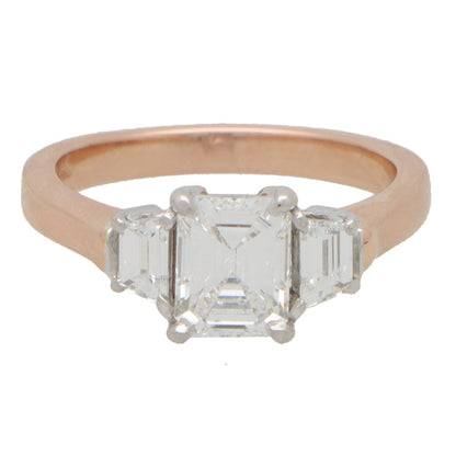 Emerald Cut and Trapezoid Diamond Three Stone Ring, 1.76ct