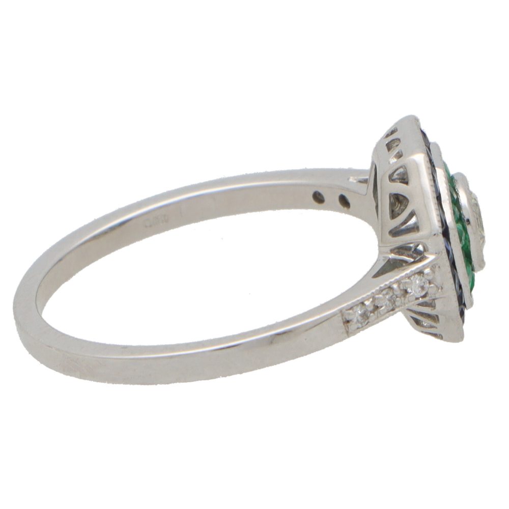Art Deco Style Sapphire Emerald and Diamond Octagonal Target Ring