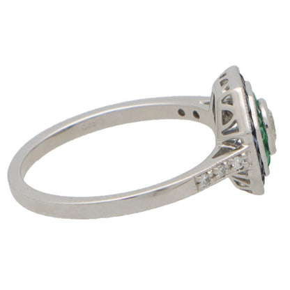 Art Deco Style Sapphire Emerald and Diamond Octagonal Target Ring