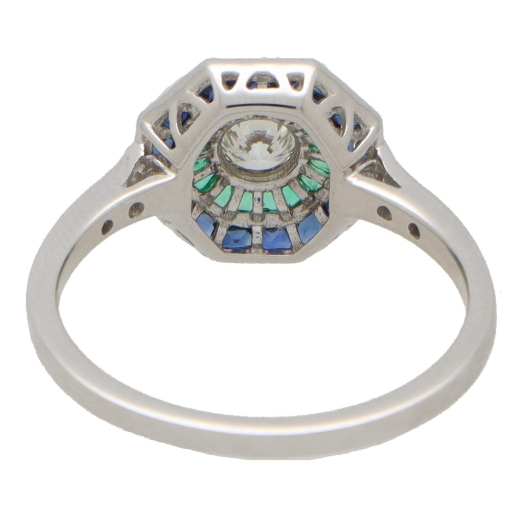 Art Deco Style Sapphire Emerald and Diamond Octagonal Target Ring
