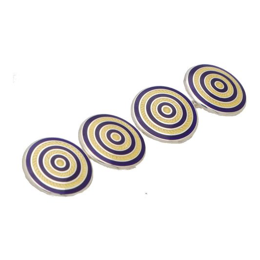 A pair of circular blue and yellow enamel cufflinks in silver, on a white background