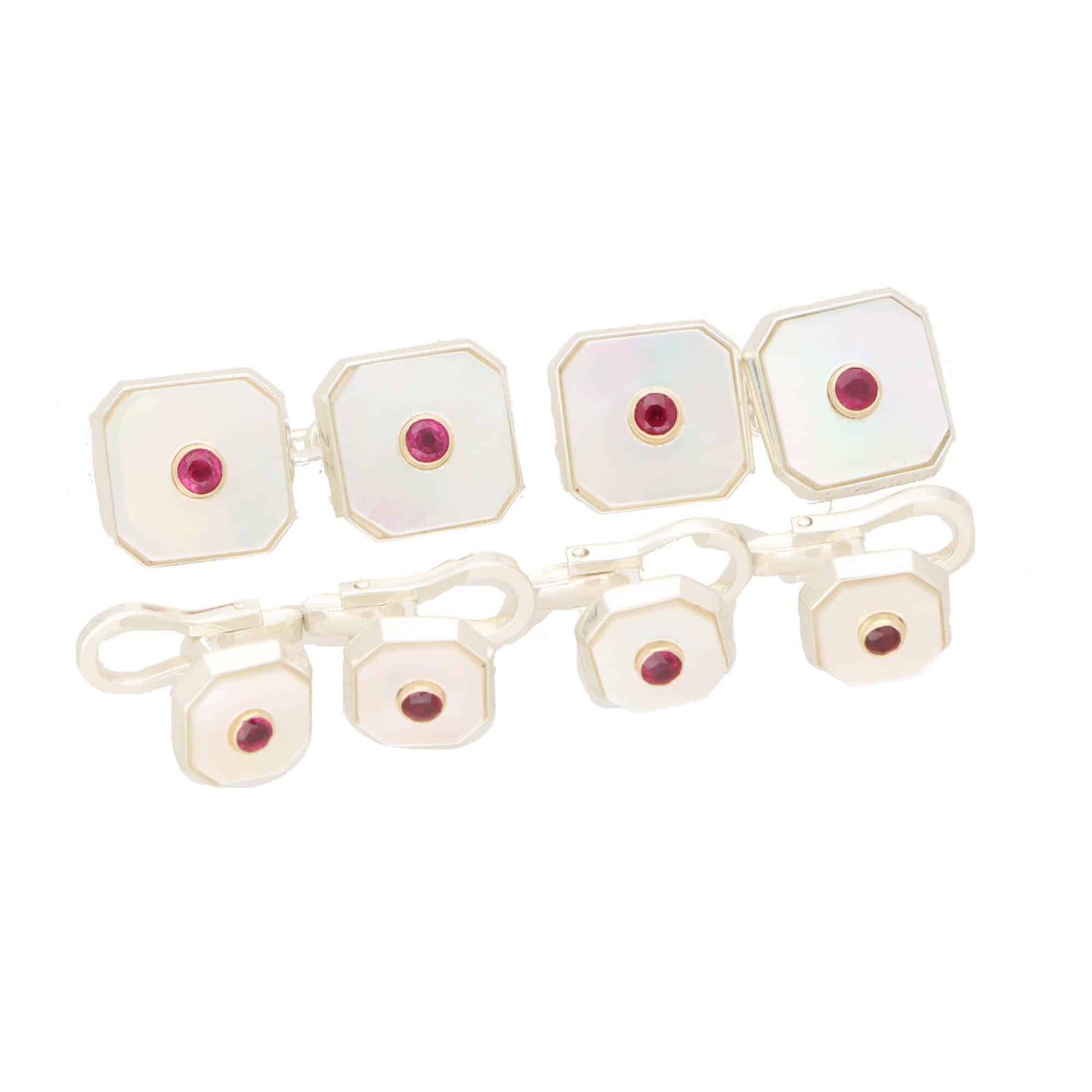 Mother of pearl, ruby and silver cufflinks with matching shirt studs