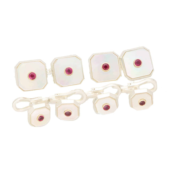 Mother of pearl, ruby and silver cufflinks with matching shirt studs