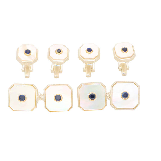 A set of octagonal mother of pearl and sapphire cufflinks and shirt studs