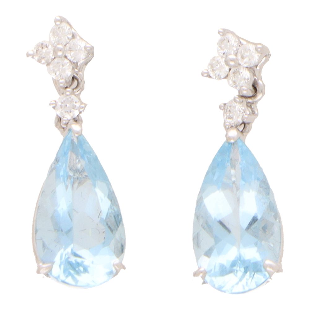 Contemporary Aquamarine And Diamond Drop Earrings In 18 Carat White Gold
