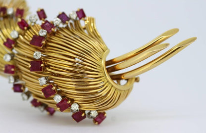 Vintage 18ct Yellow Gold Ruby and Diamond Brooch