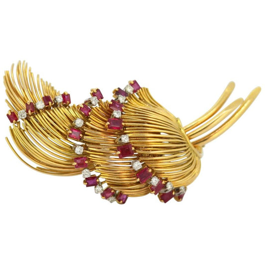 Vintage 18ct Yellow Gold Ruby and Diamond Brooch