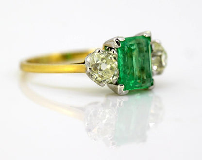 Antique Art Deco Emerald and Diamond Three Stone Ring