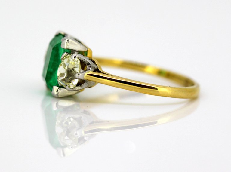 Antique Art Deco Emerald and Diamond Three Stone Ring