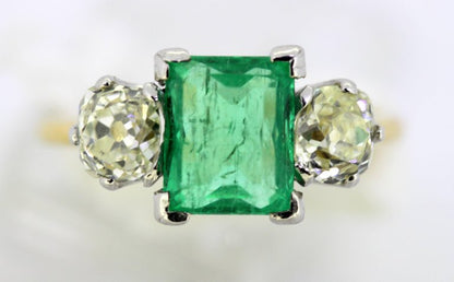 Antique Art Deco Emerald and Diamond Three Stone Ring