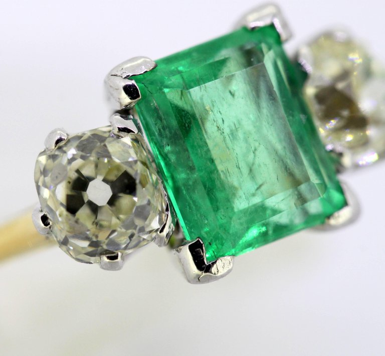 Antique Art Deco Emerald and Diamond Three Stone Ring
