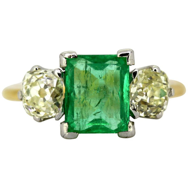 Antique Art Deco Emerald and Diamond Three Stone Ring