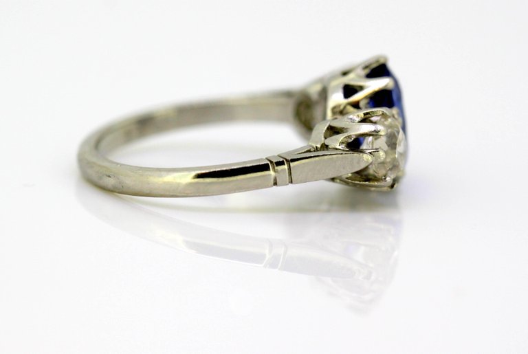 Antique Art Deco Ceylon Sapphire and Diamond Three Stone Ring