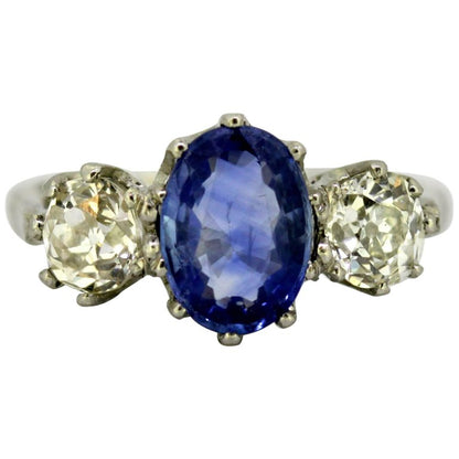 Antique Art Deco Ceylon Sapphire and Diamond Three Stone Ring