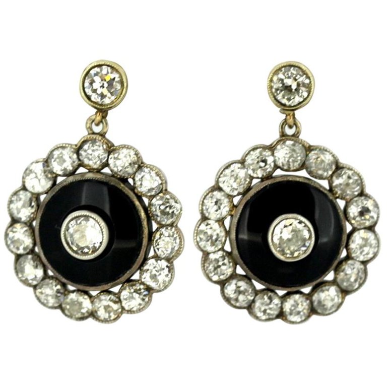 Antique Victorian Onyx and Diamond Earrings
