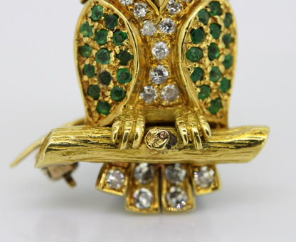 Vintage 18ct Yellow Gold Gem Set Owl Brooch