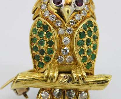 Vintage 18ct Yellow Gold Gem Set Owl Brooch