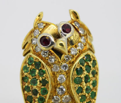 Vintage 18ct Yellow Gold Gem Set Owl Brooch