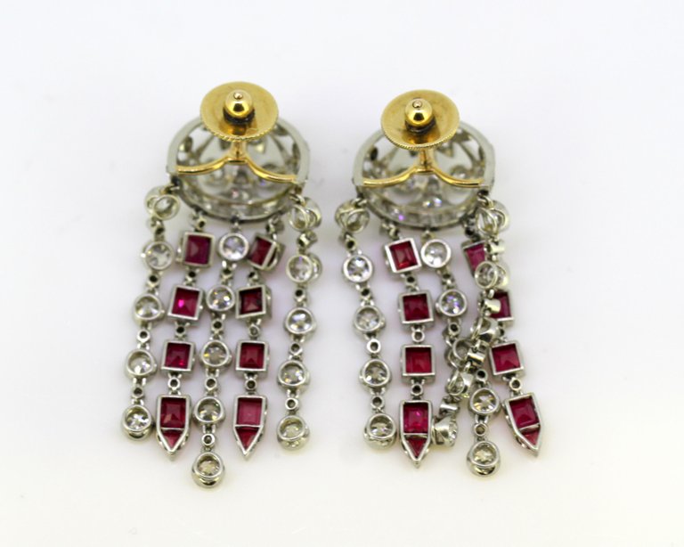 Vintage Ruby and Diamond Screw Back Chandelier Earrings
