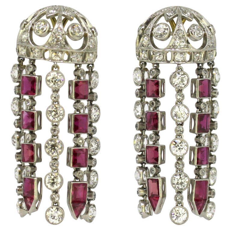 Vintage Ruby and Diamond Screw Back Chandelier Earrings