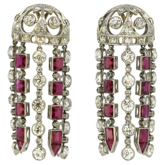 Vintage Ruby and Diamond Screw Back Chandelier Earrings