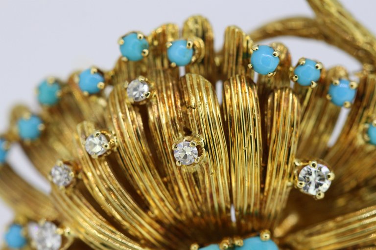 Vintage Turquoise and Diamond Gold Brooch
