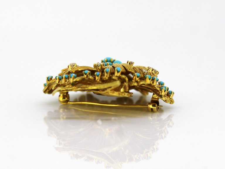 Vintage Turquoise and Diamond Gold Brooch