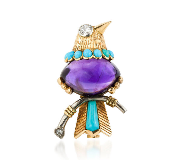 Vintage Cartier Bird-of-Paradise Amethyst Turquoise and Diamond Brooch